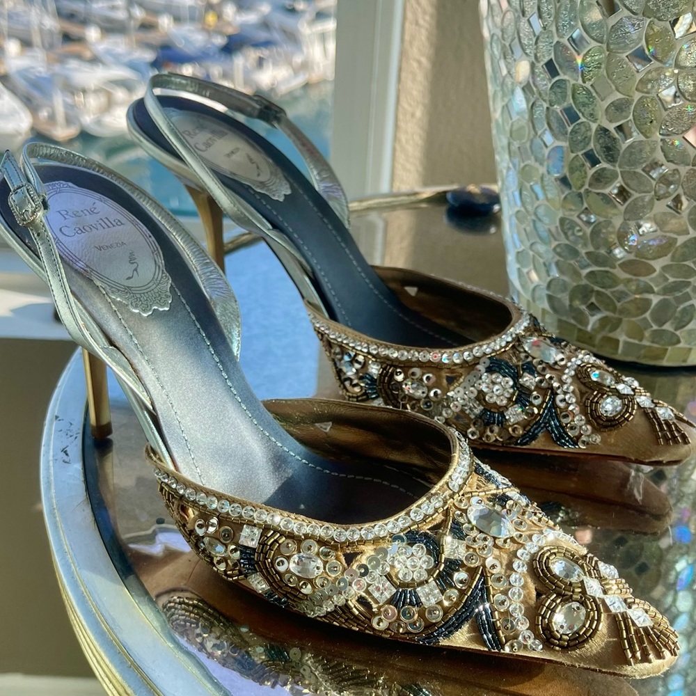 Renee Caovilla Crystal Embellishment Slingback Pumps Size 38 1/2 or 8 1/2